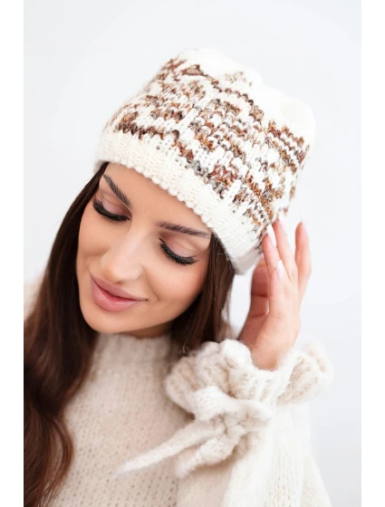 Dámska zimná vlnená čiapka s nórskym vzorom K354 ecru+camel
