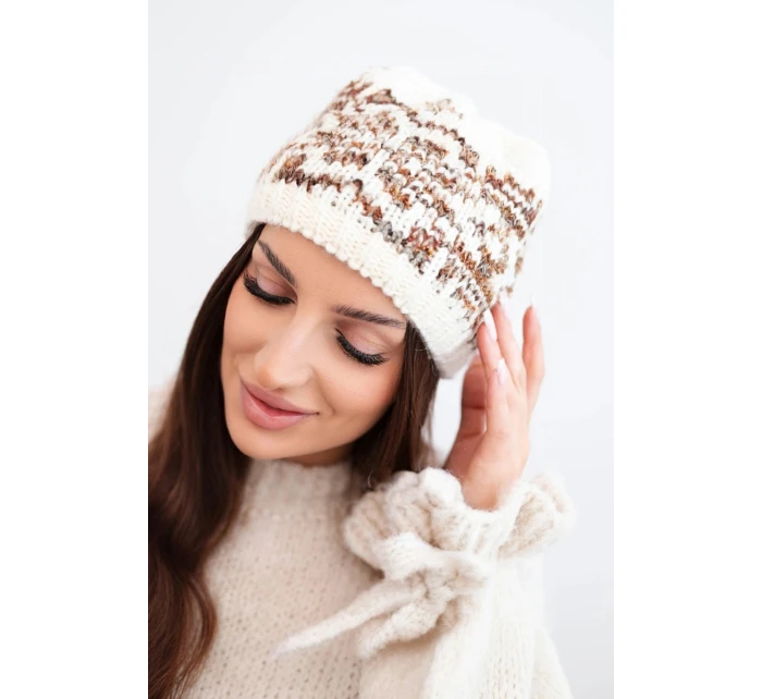 Dámska zimná vlnená čiapka s nórskym vzorom K354 ecru+camel