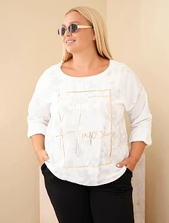 Dámska bavlnená blúzka Plus Size s potlačou a výstrihom do U, biela
