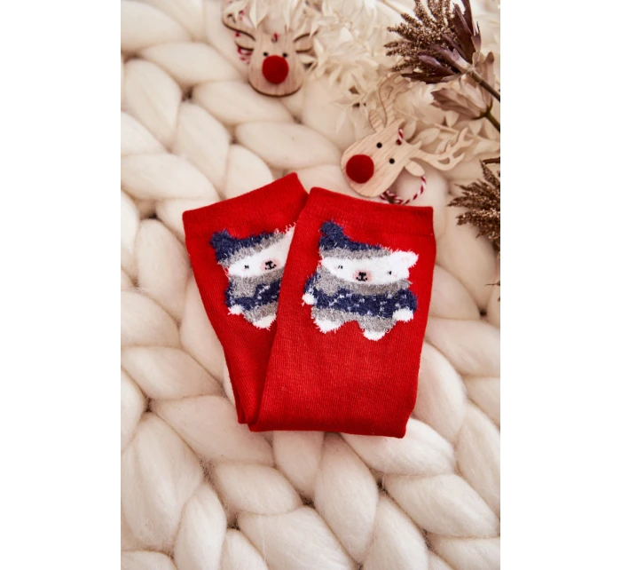 Młodzieżowe Skarpety Gładkie Z Misiem Czerwone