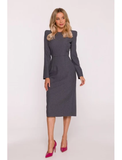 S412 Šaty v tvare ceruzky s ozdobnými ramenami - sivé
