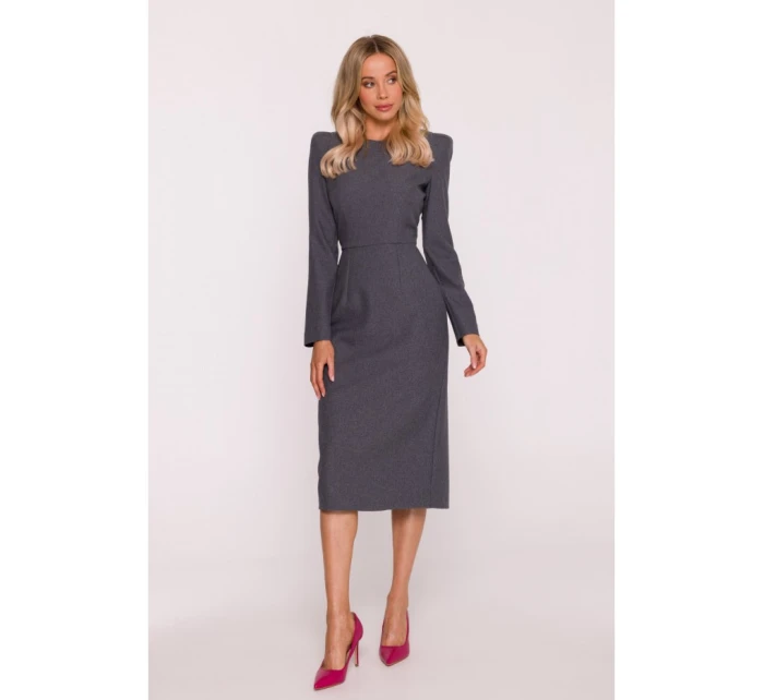 S412 Šaty v tvare ceruzky s ozdobnými ramenami - sivé