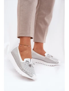 Skórzane Ażurowe Półbuty Damskie Z Naturalnej Skóry D&A LR51-631 Srebrne