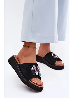 Kožené Semišové Dámské Pantofle s Ozdobou na Platformě Vinceza 66942 Černé