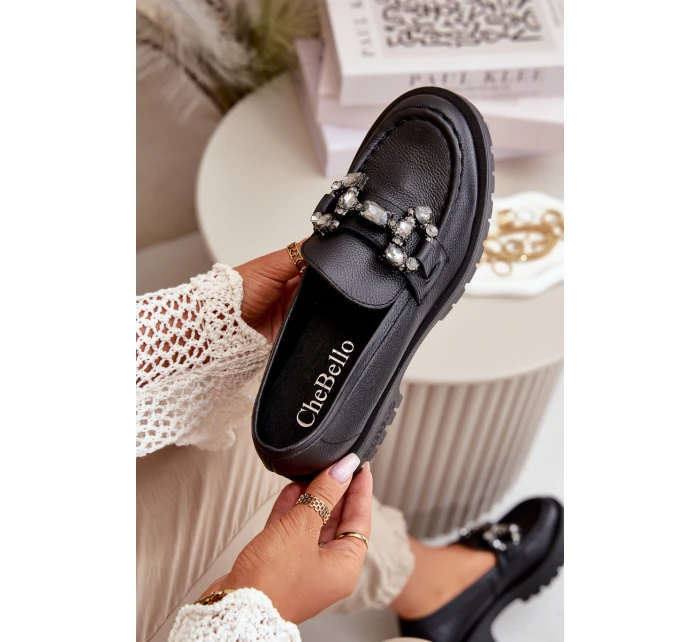 Damskie Skórzane Mokasyny Z Ozdobą CheBello 4369 Czarne