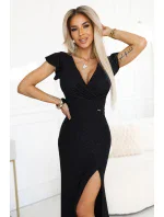 dlouhé černé šaty s obálkovým výstřihem a rozparkem na nohou | model 21196250 - numoco