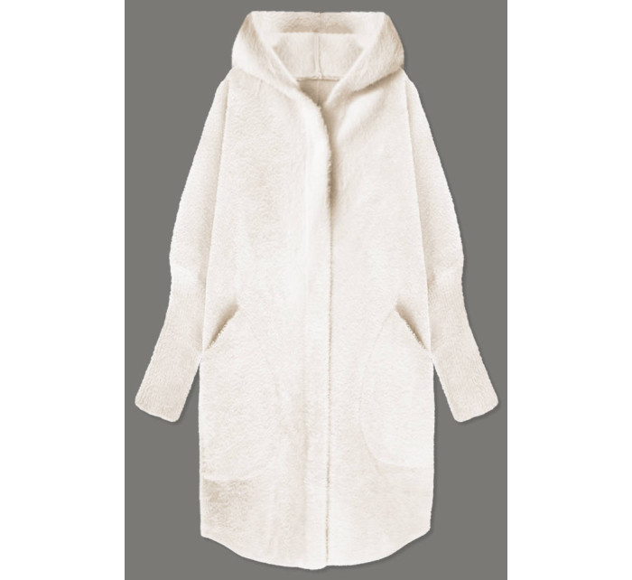 Dlhý vlnený prehoz cez oblečenie typu "alpaka" v smotanovej farbe s kapucňou (908)
