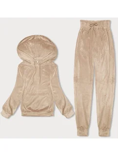 Svetlo béžová dámska velúrová súprava s kapucňou (8C1175-159)