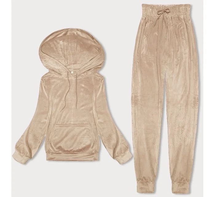 Svetlo béžová dámska velúrová súprava s kapucňou (8C1175-159) Svetlo béžová dámska velúrová súprava s kapucňou (8C1175-159)