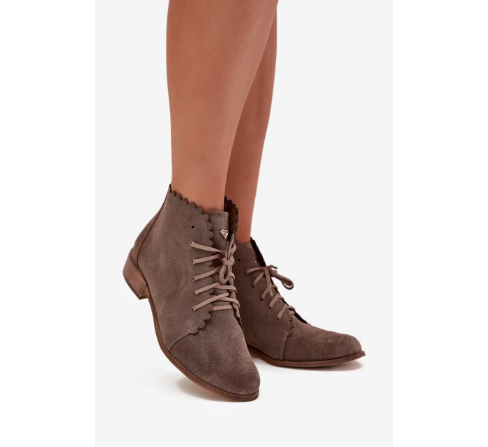 Zazoo 2964 Zamszowe Botki Na Płaskim Obcasie Ciemnobeżowe