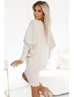 402-7 Sveter teplé netopierie šaty s výstrihom - béžové 402-7 Sveter teplé netopierie šaty s výstrihom - béžové