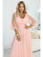 654-4 Dlhé trblietavé šaty nadmernej veľkosti s výstrihom a priehľadnými rukávmi - broskyňové