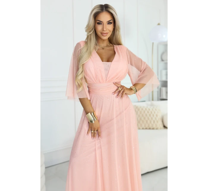 654-4 Dlhé trblietavé šaty nadmernej veľkosti s výstrihom a priehľadnými rukávmi - broskyňové