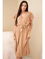 Dámske zavinovacie midi šaty s opaskom a krátkymi rukávmi camel Dámske zavinovacie midi šaty s opaskom a krátkymi rukávmi camel