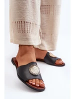 Zazoo 2938 Skórzane Klapki Na Płaskim Obcasie Z Ozdobą Czarne Zazoo 2938 Skórzane Klapki Na Płaskim Obcasie Z Ozdobą Czarne
