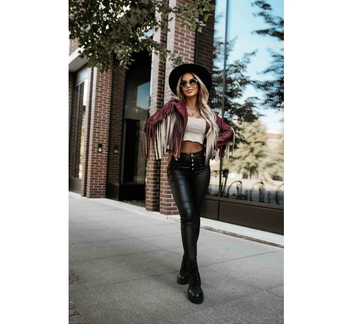 model 21337606 Krátká bunda s třásněmi z měkké ekokůže vínová - numoco basic