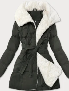 Dámska bunda vojenskej farby s kožušinovým lemom, so stojačikom J Style (16M9165-136)