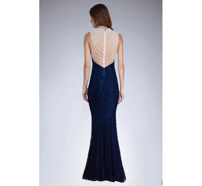 Dámske spoločenské šaty šoky soka s čipkou a perličkami dlhé tmavo modré - Tmavo modrá / XL - šoky & soka Dámske spoločenské šaty šoky soka s čipkou a perličkami dlhé tmavo modré - Tmavo modrá / XL - šoky & soka