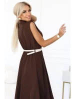 model 21232660 Elegantní midi košilka se zlatými knoflíky a páskem CHOCOLATE - numoco basic model 21232660 Elegantní midi košilka se zlatými knoflíky a páskem CHOCOLATE - numoco basic