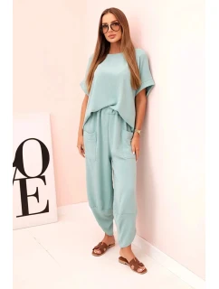 Komplet z viskózy halenka + kalhoty tmavá máta