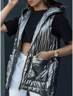 Dámská prošívaná dlouhá vesta s kapucí tmavě šedá Dstreet model 21979290 - FashionStreet