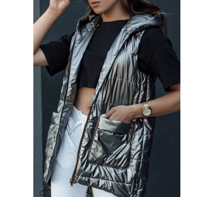 Dámská prošívaná dlouhá vesta s kapucí tmavě šedá Dstreet model 21979290 - FashionStreet