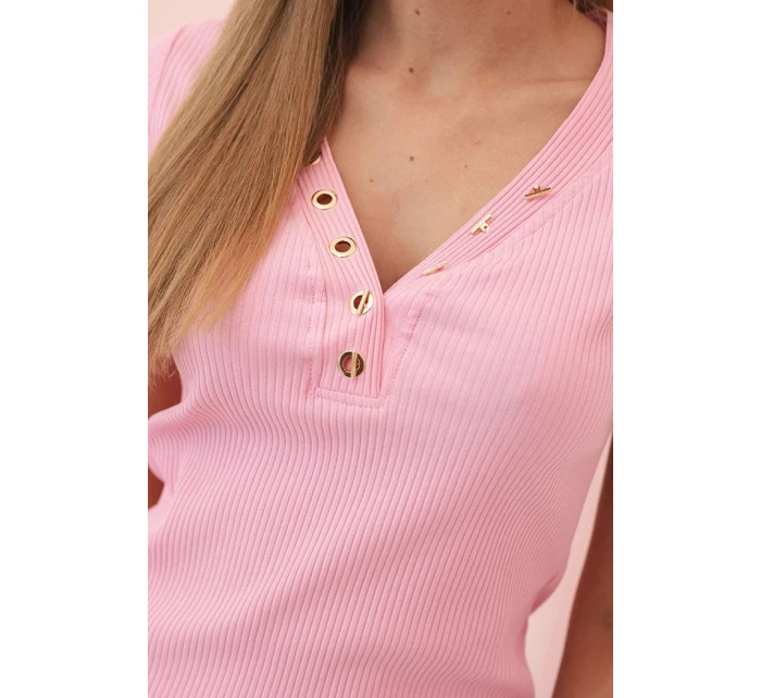 Dámske bavlnené pruhované šaty s výstrihom do V a gombíkmi Light Pink