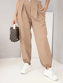 Dámské bavlněné kalhoty s vysokým pasem a ozdobným knoflíkem model 22294704 - K-Fashion