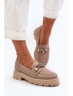 Skórzane Mokasyny Damskie Z Ozdobą Laura Messi 2780 Ciemnobeżowe