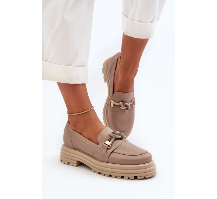 Skórzane Mokasyny Damskie Z Ozdobą Laura Messi 2780 Ciemnobeżowe