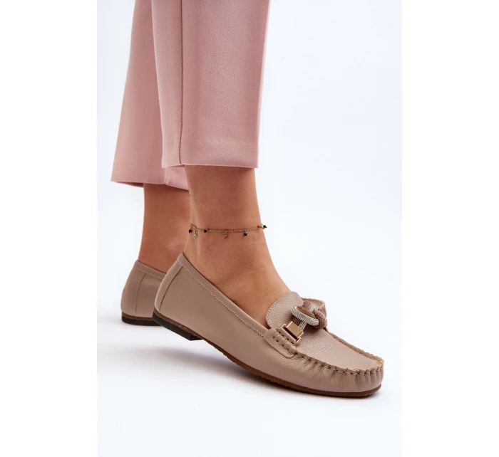 Skórzane Mokasyny Damskie Z Ozdobą Laura Messi 2761 Beżowe
