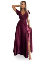 411-10 CRYSTAL saténové dlhé šaty s výstrihom - bordové