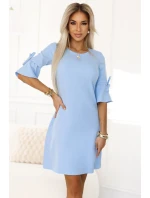 Trapézové šaty s vázáním na rukávech MODRÉ model 20947010 - numoco