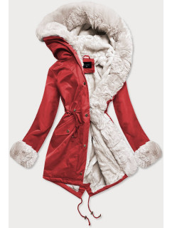 Červeno-ecru dámska zimná bunda parka s machovitým kožúškom (B530-4046)