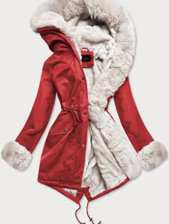 Červeno-ecru dámska zimná bunda parka s machovitým kožúškom (B530-4046)