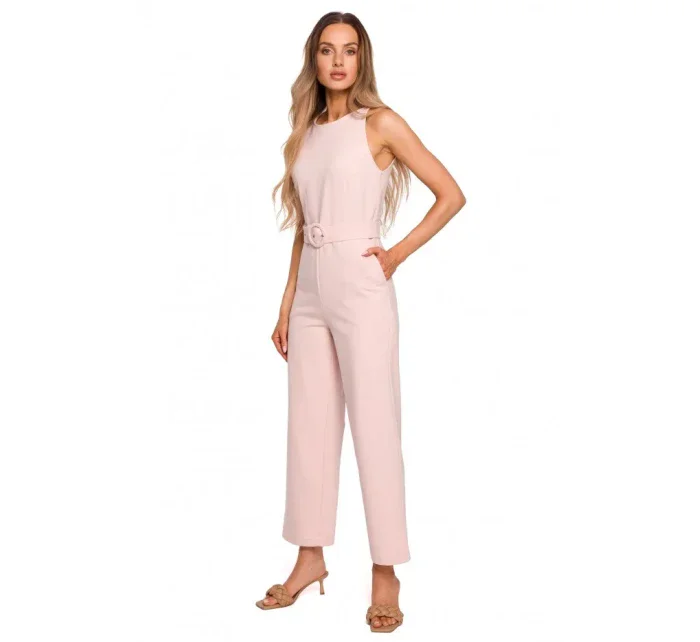 M679 Overal bez rukávov s opaskom a sponou - cukrovo ružový