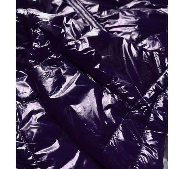 Tmavo modrá lesklá prešívaná dámska bunda s kapucňou (B9560)