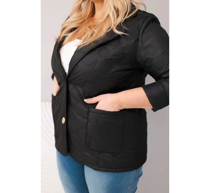 Dámske Plus veľkosť prešívaná bunda s kvetmi s golierom a vreckami čierna