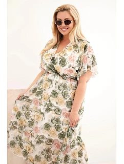 Dámske plus size šaty s kvetinovým vzorom a khaki kravatou