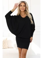 402-10 Pohodlné netopierie šaty s dlhým rukávom - čierne