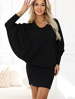 402-10 Pohodlné netopierie šaty s dlhým rukávom - čierne