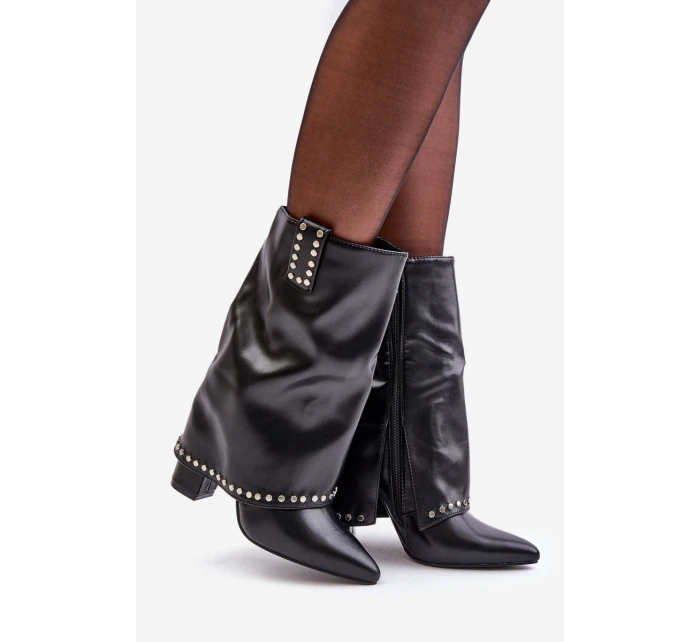 Ocieplane Botki Z Wywiniętą Cholewką Na Słupku Czarne Tamalis