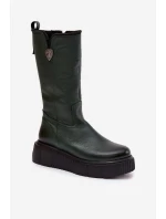 model 21772344 Kožené dámské kozačky s vlnou olivové - Zazoo