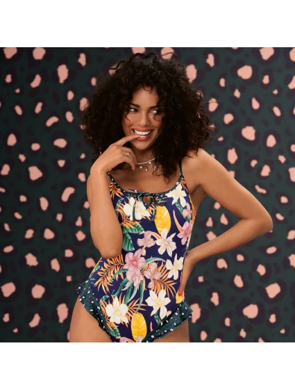Jednodielne plavky 7734 M3 tmavomodré s kvetmi - Anita