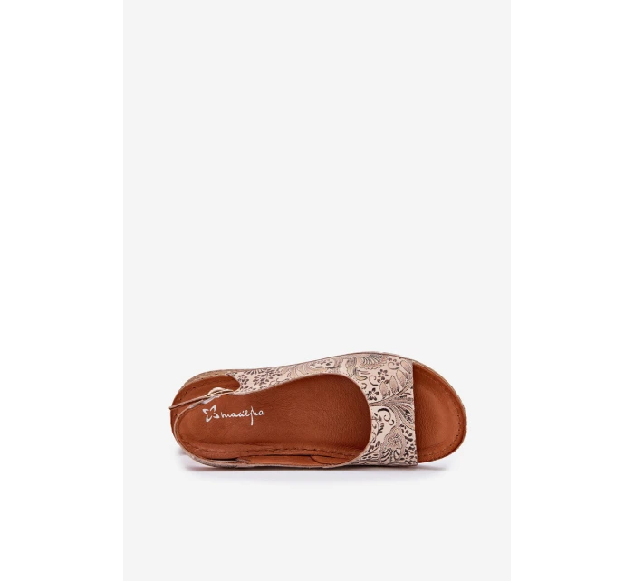 Skórzane Sandały Damskie Na Koturnie Maciejka L7069-04 Beżowe