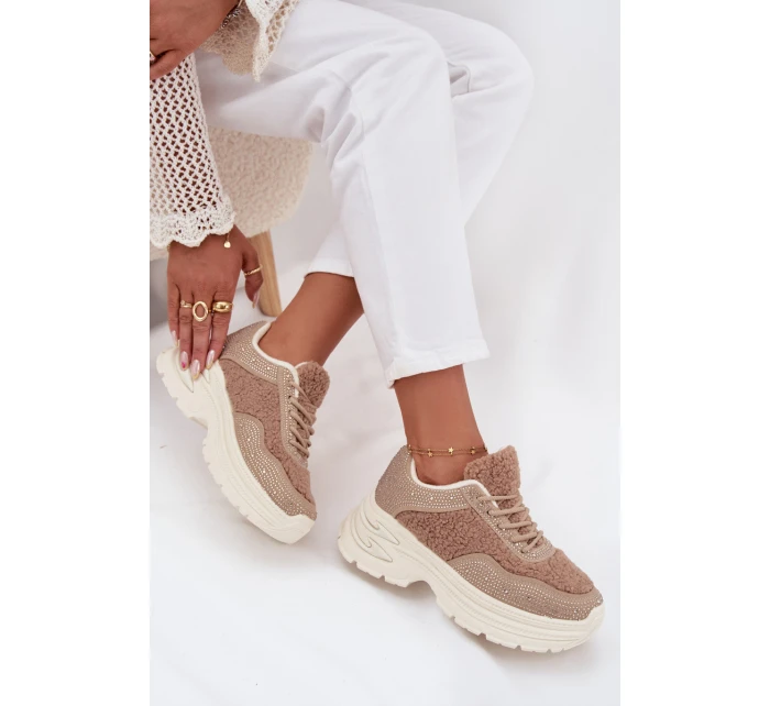 Sneakersy Damskie Z Cyrkoniami I Futerkiem Typu Baranek Beżowe Zarika Sneakersy Damskie Z Cyrkoniami I Futerkiem Typu Baranek Beżowe Zarika
