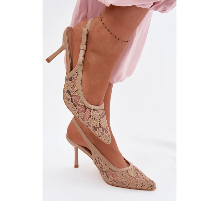 Dámské sandály na podpatku s krajkou tmavě béžové model 22103110 - Boto