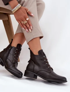 Dámske členkové topánky na nízkom podpätku so zipsom s ozdobou - hnedé Nevalia