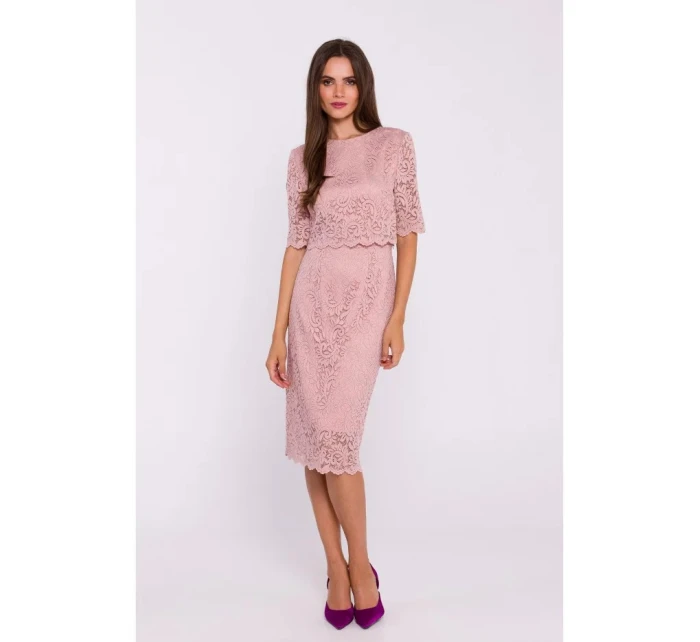 Púdrové čipkované šaty S379 - Moe