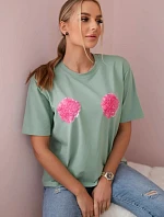 Bavlnená blúzka s kvetinovou potlačou tmavá mäta